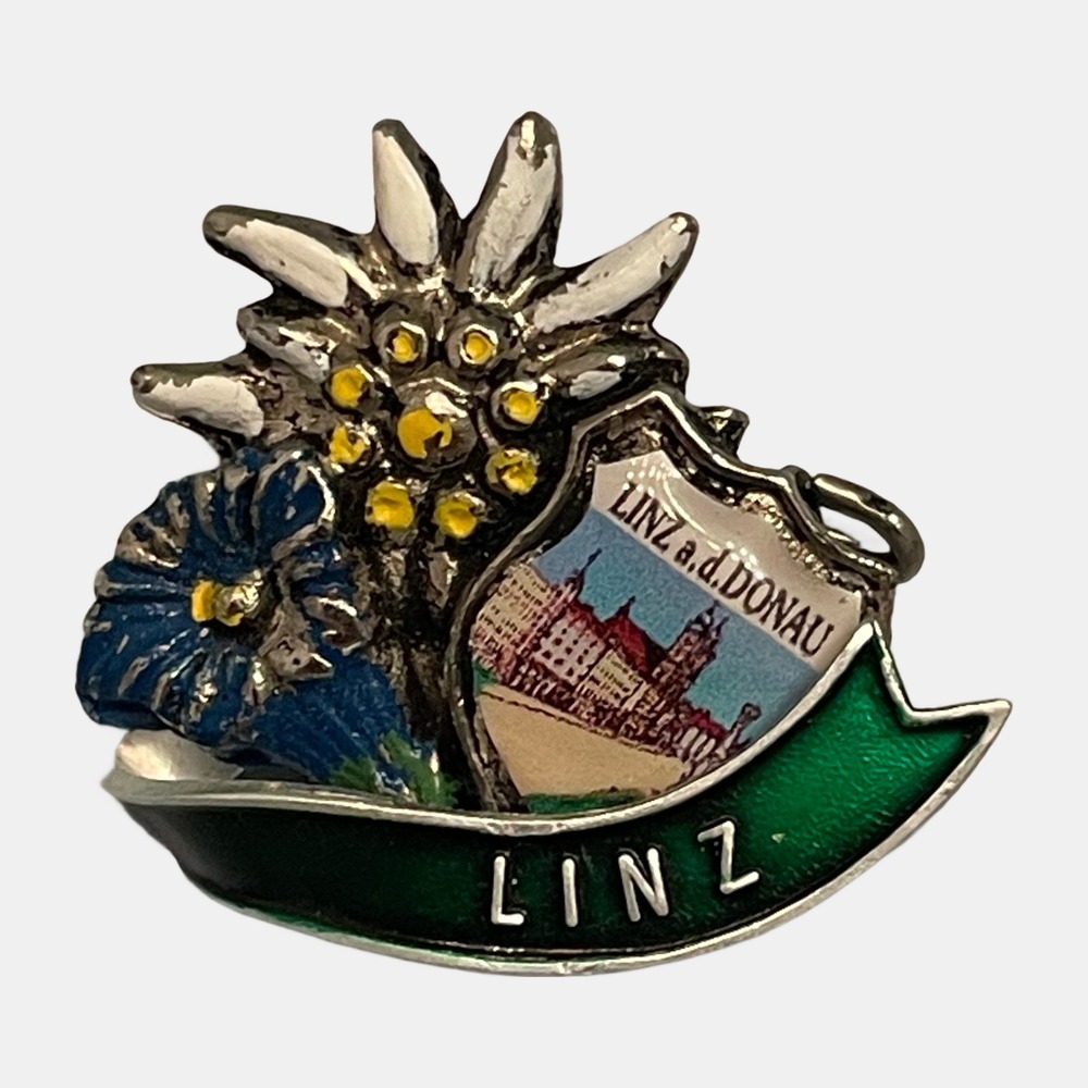 Vintage Linz an der Donau Austria Pin Edelweiss Gentian Oktoberfest Brooch 1"